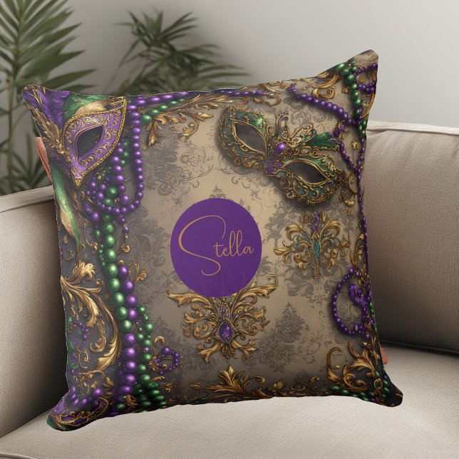 Luxury Mardi Gras Purple Gold Mask Beads Floral  Throw Pillow (Creator Uploaded)