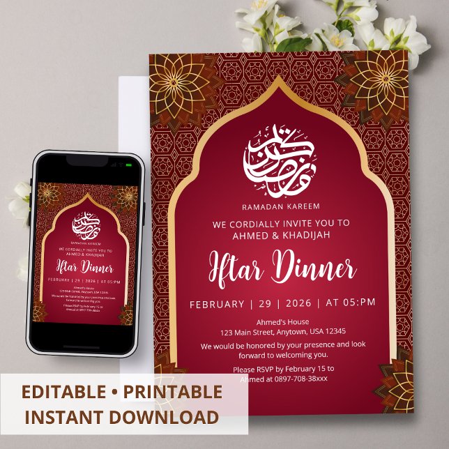 Luxury Maroon Gold Floral Mandala Iftar Invitation (Creator Uploaded)