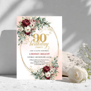 Luxury Maroon Peonies Eucalyptus 90th Birthday Invitation