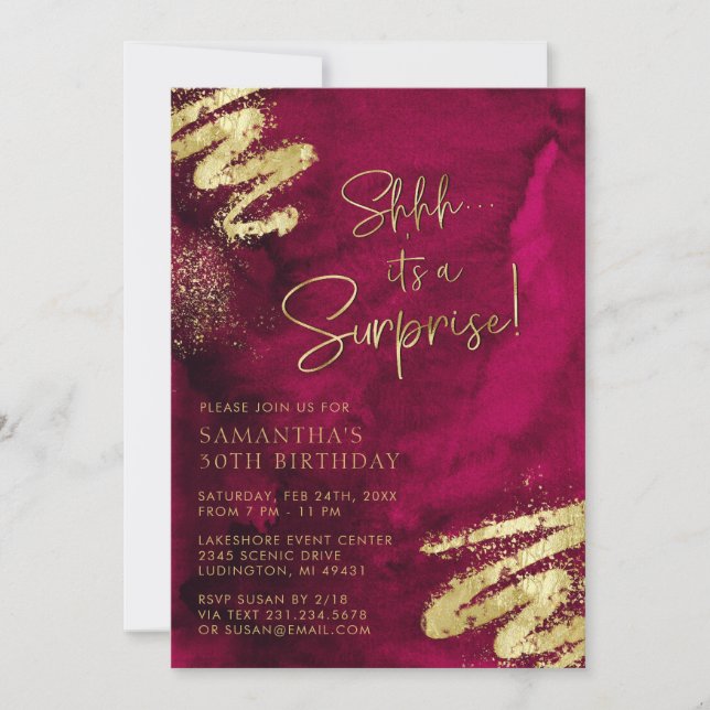 Luxury Maroon Red and Gold Surprise Birthday Party Invitation (Front)