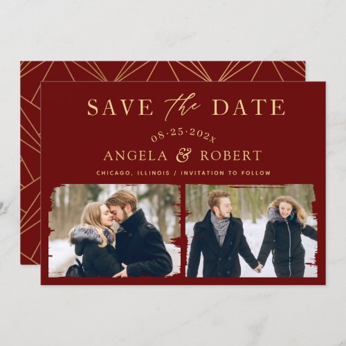 Luxury Maroon Red Gold  Brush Stroke 2 Photo Save The Date