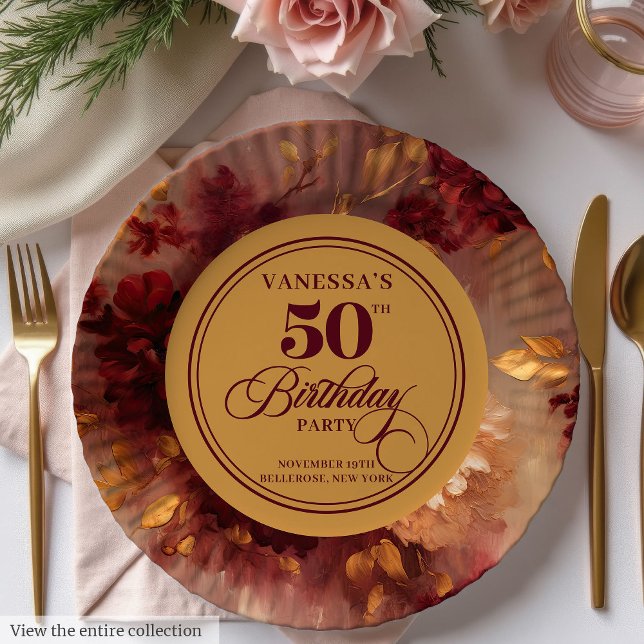 Luxury Marsala Blush Gold Floral 50th Birthday  Paper Plates (Luxury Marsala Blush Gold Floral 50th Birthday Paper Plates)