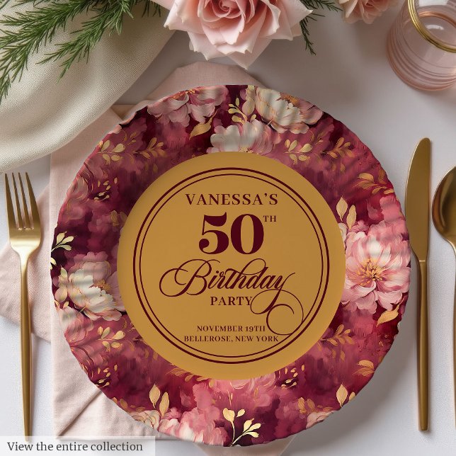 Luxury Marsala Blush Gold Floral 50th Birthday  Paper Plates (Luxury Marsala Blush Gold Floral 50th Birthday Paper Plates )