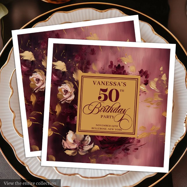 Luxury Marsala Blush Gold Flowers 50th Birthday  Paper Dinner Napkins (Luxury Marsala Blush Gold Flowers 50th Birthday Paper Dinner Napkins)
