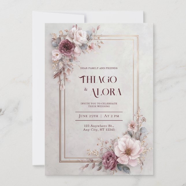 Luxury Mauve Rose Gold Frame Marble Wedding Invitation (Front)
