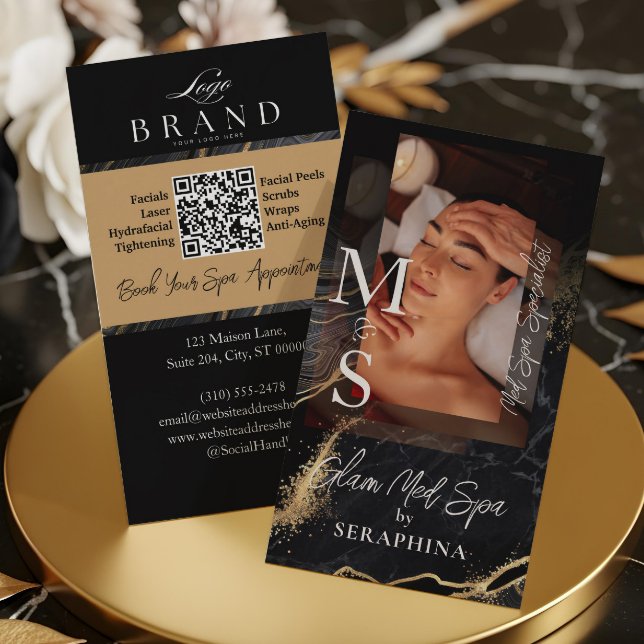 Luxury Med Spa Esthetician Black Gold Agate Business Card (Luxury Med Spa Esthetician Black Gold Agate Business Card)