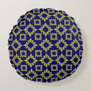 Luxury Mediterranean Tile Pattern Blue Yellow Round Pillow
