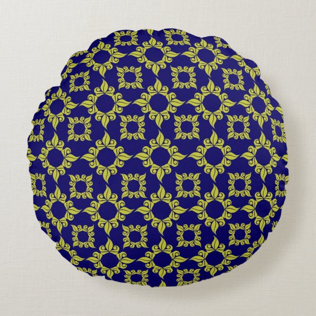 Luxury Mediterranean Tile Pattern Blue Yellow Round Pillow (Front)