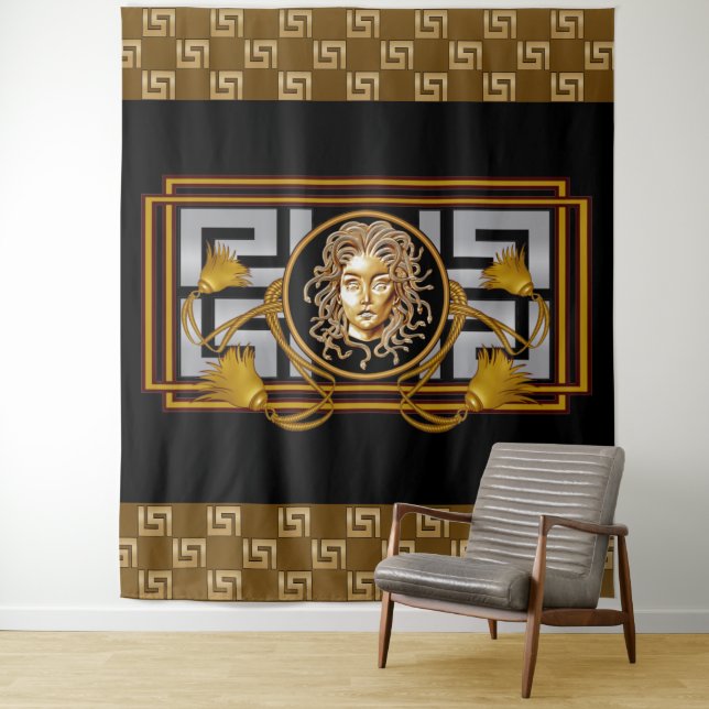 Luxury Medusa Black & Gold Tapestry (In Situ)