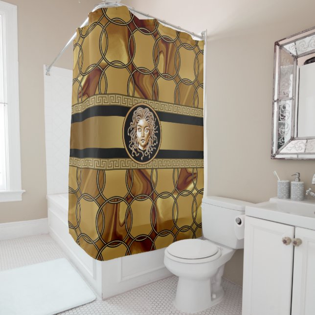 Luxury Medusa Marble & Gold Shower Curtain (In Situ)