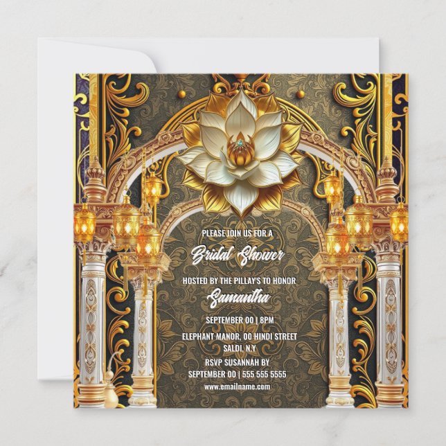 Luxury Mehndi Indian Temple Lotus Bridal Shower Holiday Card (Front)