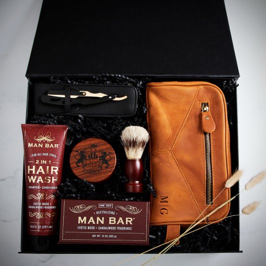 Luxury Men's Shaving Kit with Leather Toiletry Bag (Top)