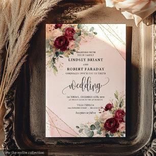 Luxury Merlot Gold Blush Roses Elegant Wedding Invitation