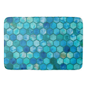 Luxury Metal Foil Glitter Aqua blue honeycomb Bathroom Mat