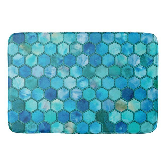 Luxury Metal Foil Glitter Aqua blue honeycomb Bathroom Mat (Front)