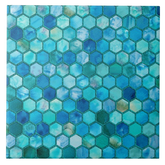 Luxury Metal Foil Glitter Aqua blue honeycomb Ceramic Tile (Front)