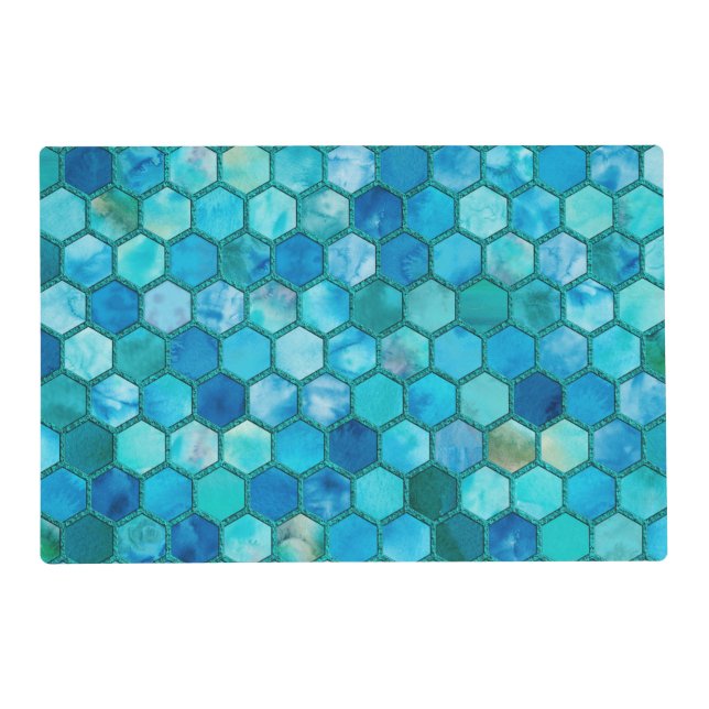 Luxury Metal Foil Glitter Aqua blue honeycomb Placemat (Front)