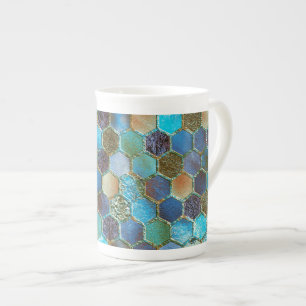 Luxury Metal Foil Glitter Aqua Teal honeycomb Bone China Mug