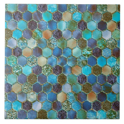 Luxury Metal Foil Glitter Aqua Teal honeycomb Ceramic Tile