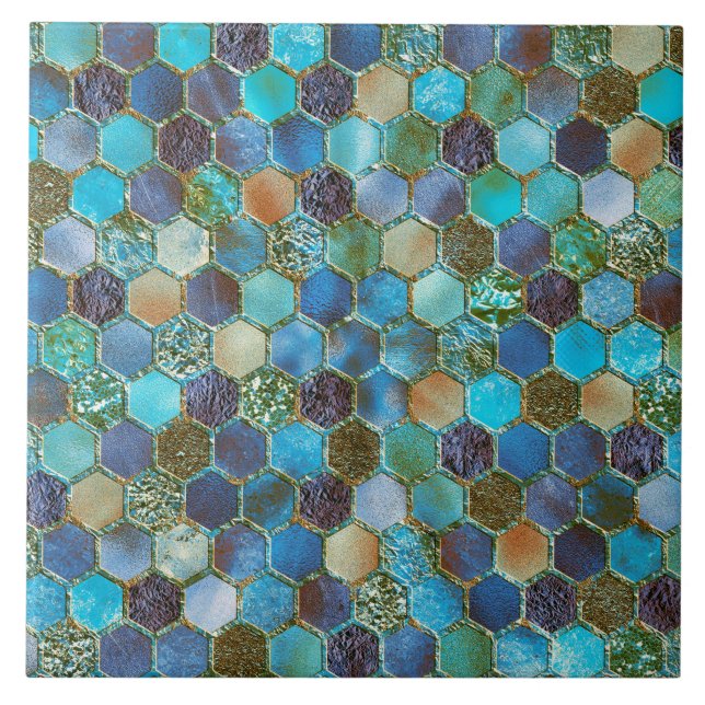 Luxury Metal Foil Glitter Aqua Teal honeycomb Ceramic Tile (Front)