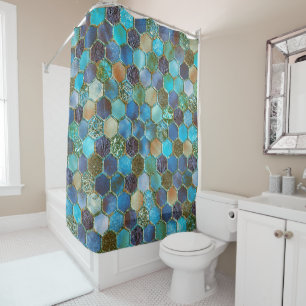 Luxury Metal Foil Glitter Aqua Teal honeycomb Shower Curtain