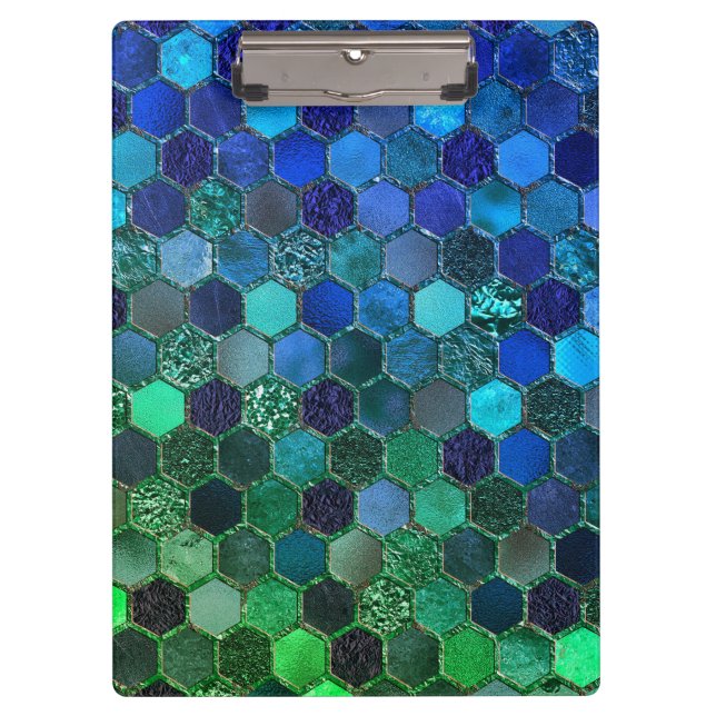 Luxury Metal Foil Glitter Blue Green honeycomb Clipboard (Front)