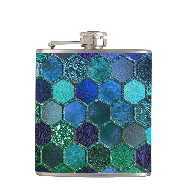 Luxury Metal Foil Glitter Blue Green honeycomb Flask (Front)