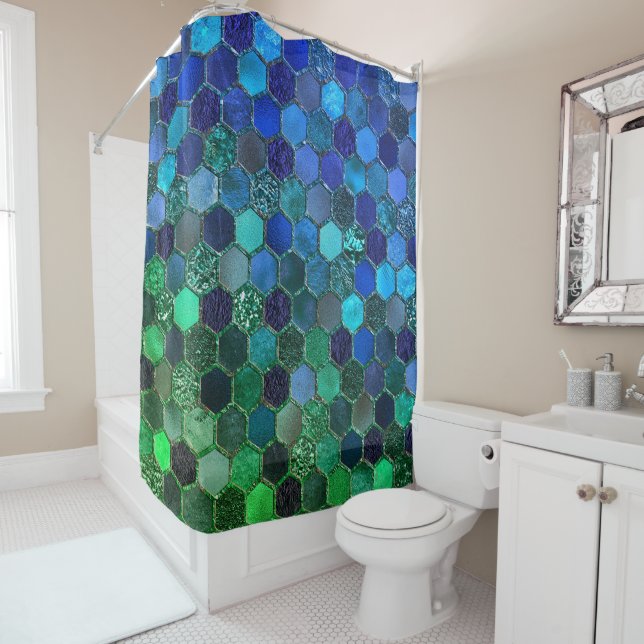 Luxury Metal Foil Glitter Blue Green honeycomb Shower Curtain (In Situ)