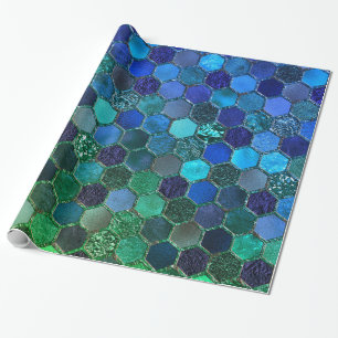 Luxury Metal Foil Glitter Blue Green honeycomb Wrapping Paper