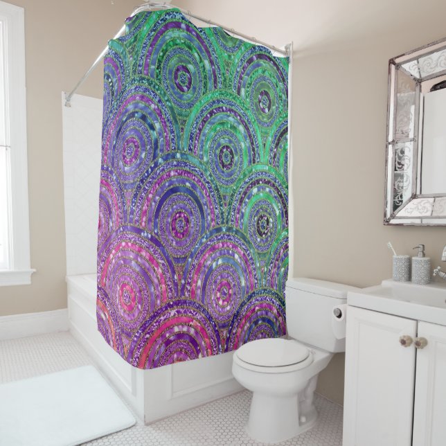 Luxury Metal Foil Glitter Pink Green Dots Circles Shower Curtain (In Situ)