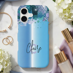 Luxury Metallic Blue Teal Silver Foil Splatter iPhone 17 Case