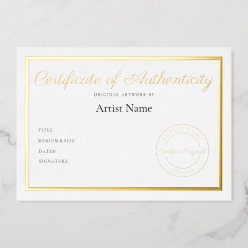 Luxury Metallic Certificate of Authenticity Art Foil Invitation