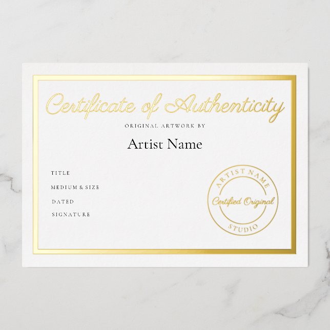 Luxury Metallic Certificate of Authenticity Art Foil Invitation (Front)