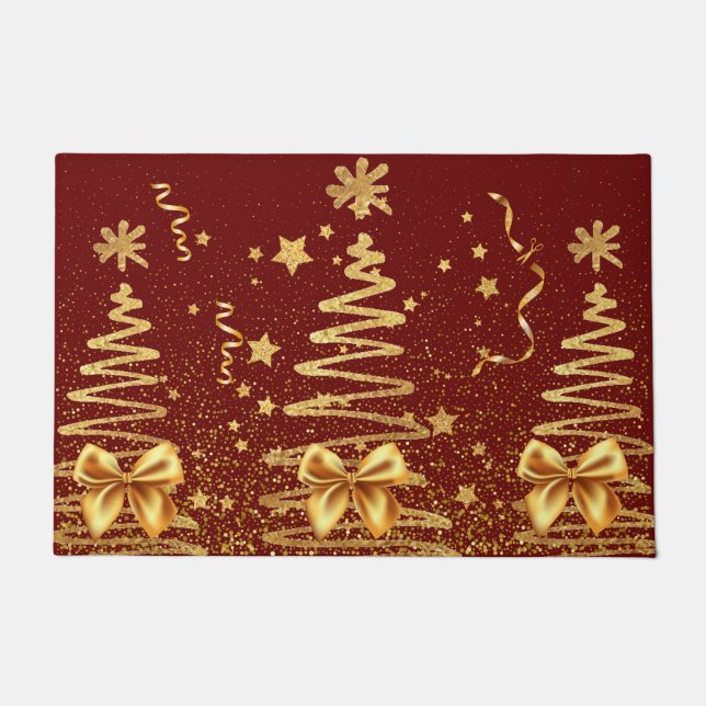 Luxury metallic glitter trees gold and red Xmas Doormat (Front)
