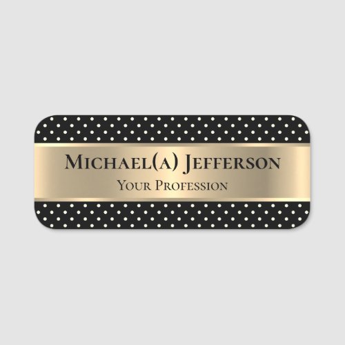 Luxury Metallic Gold And White Polka Dots On Black Name Tag