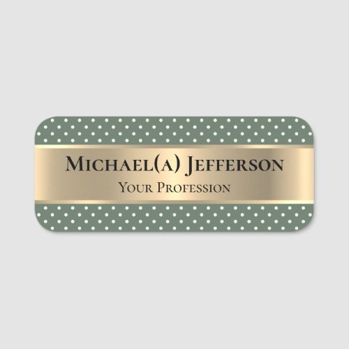 Luxury Metallic Gold  White Polka Dots Sage Green Name Tag