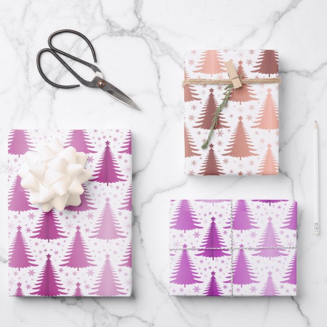 Luxury Metallic Purple Christmas Trees Pattern Wrapping Paper Sheets (Front)