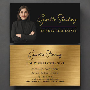 Luxury Metallic Real Estate Black Gold Script  Business Card
