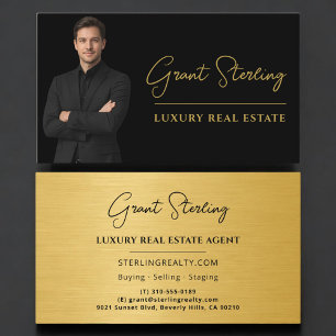 Luxury Metallic Real Estate Black Gold Script Business Card