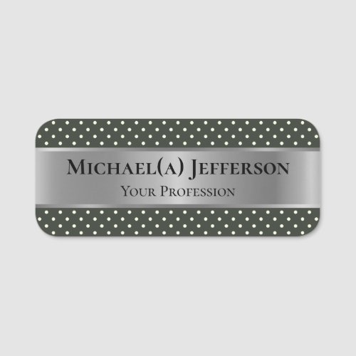 Luxury Metallic Silver  Moss Dark Green Polka Dot Name Tag