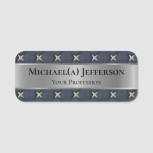 Luxury Metallic Silver & Seven Gold Stars On Blue Name Tag