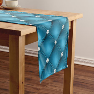 Luxury Mid Blue Diamond Tufted Pattern Short Table Runner