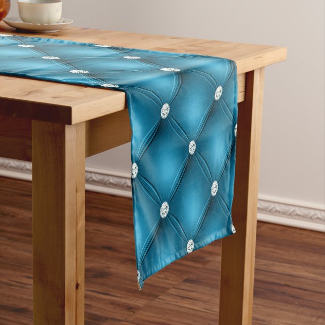 Luxury Mid Blue Diamond Tufted Pattern Short Table Runner (In Situ)