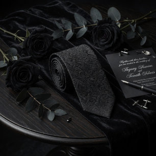 Luxury Midnight Black Embossed Damask Floral  Neck Tie