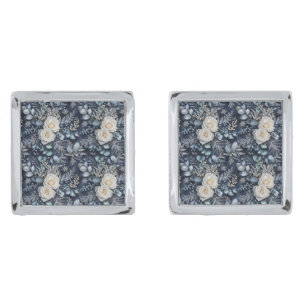 Luxury Midnight Blue Winter Rose Eucalyptus Floral Cufflinks