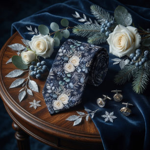 Luxury Midnight Blue Winter Rose Eucalyptus Floral Neck Tie