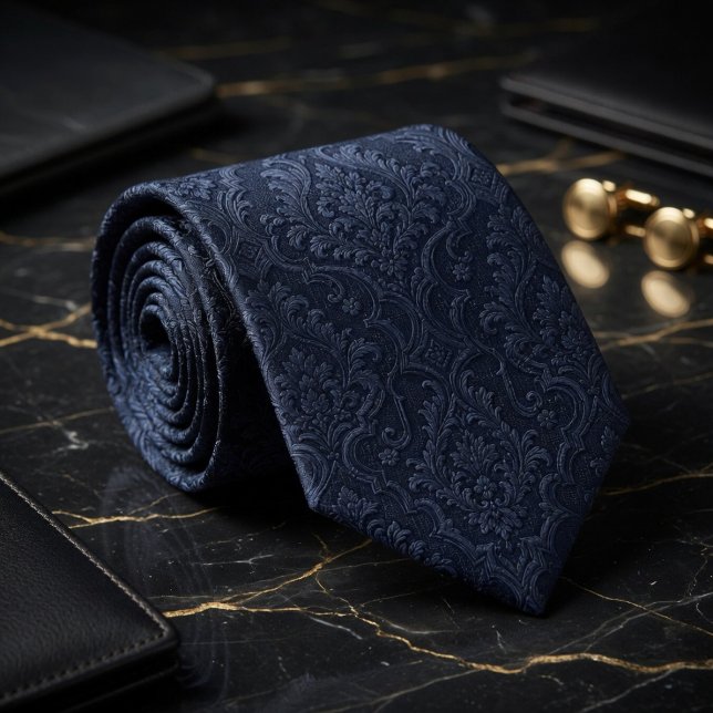 Luxury Midnight Navy Silk Jacquard Baroque Damask Neck Tie (Creator Uploaded)