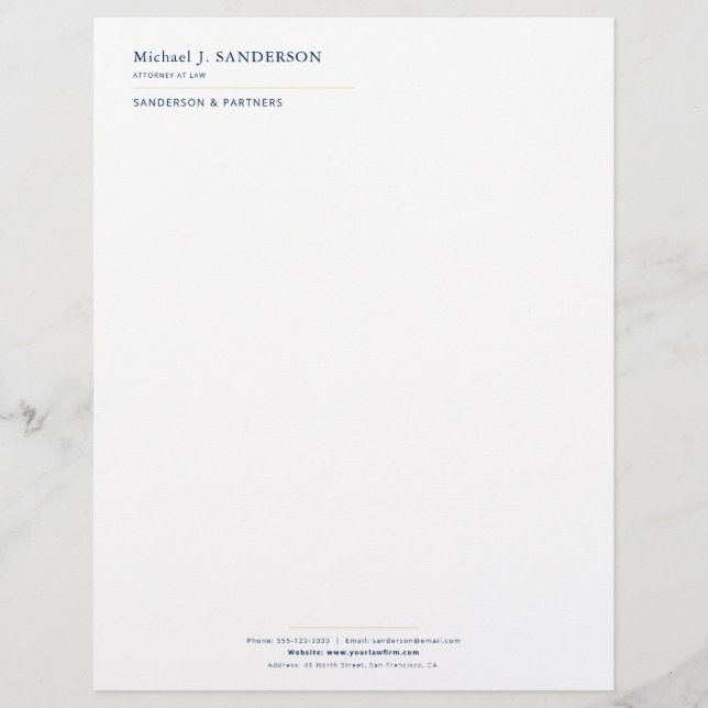 Luxury minimal elegant navy gold attorney letterhead (Front)