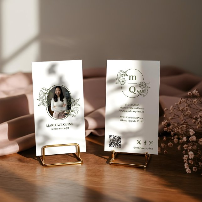 Luxury Minimal Modern Simple Professional Photo Business Card (Floral Botanical Monogram Crest Logo Brand Photo Business Card)