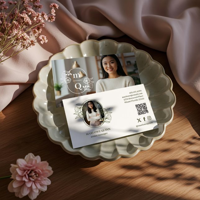 Luxury Minimal Modern Simple Professional Photo Business Card (Elegant Floral Botanical Monogram Crest Logo Brand Business Card)